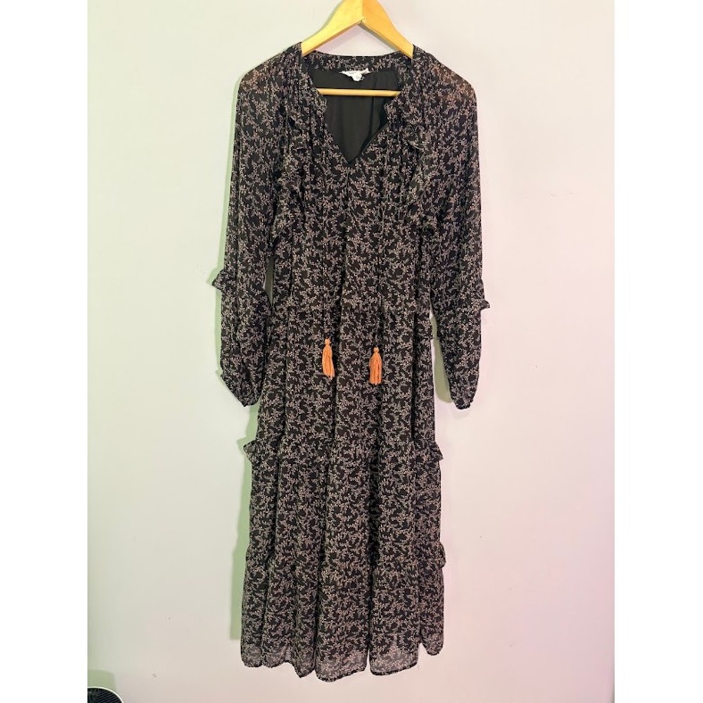&merci Floral Maxi Dress Womens Large Black Boho Tiered Ruffle Tassel Chiffon